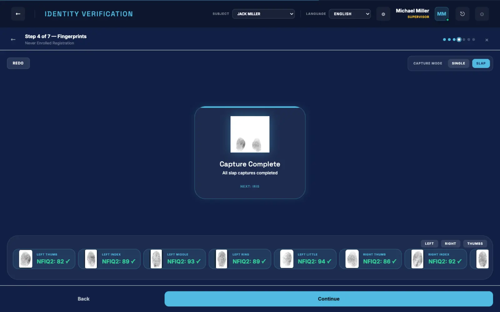 BioEnrol ten fingerprint capture showing NFIQ2 quality scores