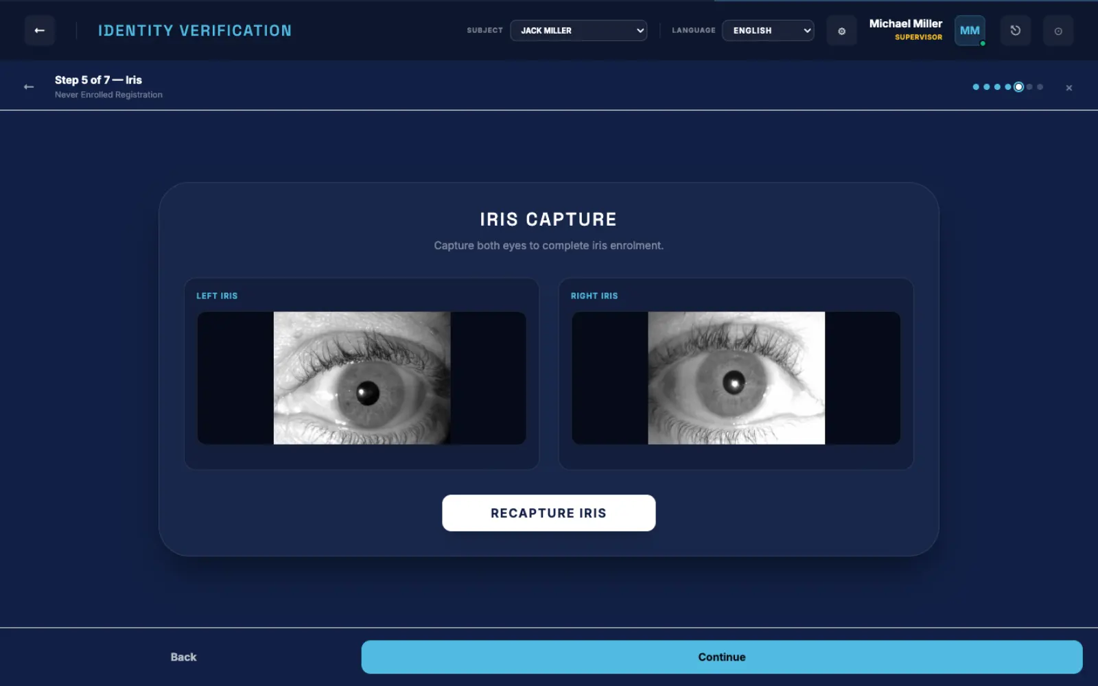 BioEnrol both-eye iris capture screen