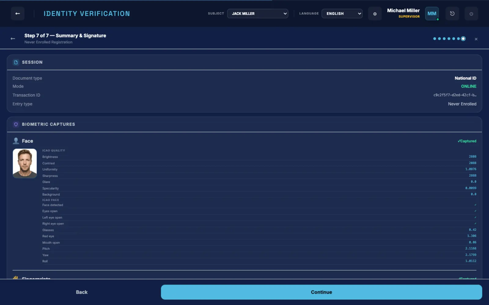BioEnrol review screen with session details, biometric captures and citizen signature