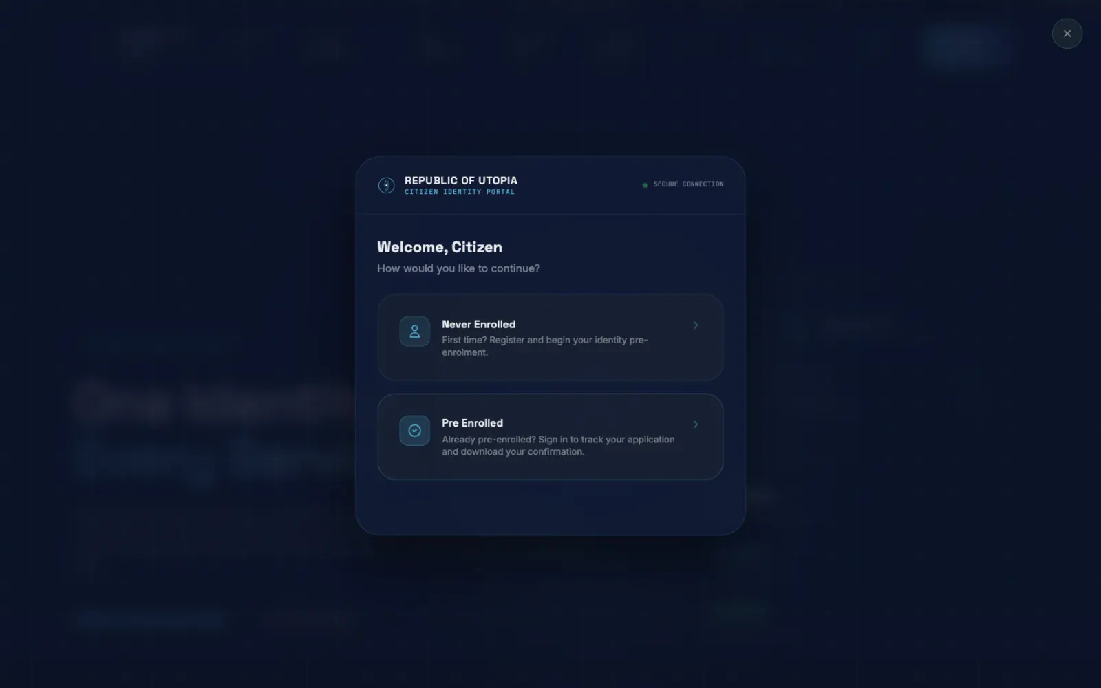 Citizen Portal welcome screen offering first-time registration and returning applicant paths