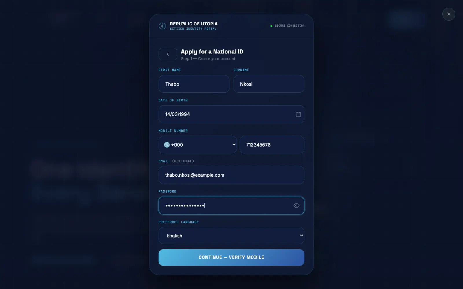 Citizen Portal national ID application form with resident details