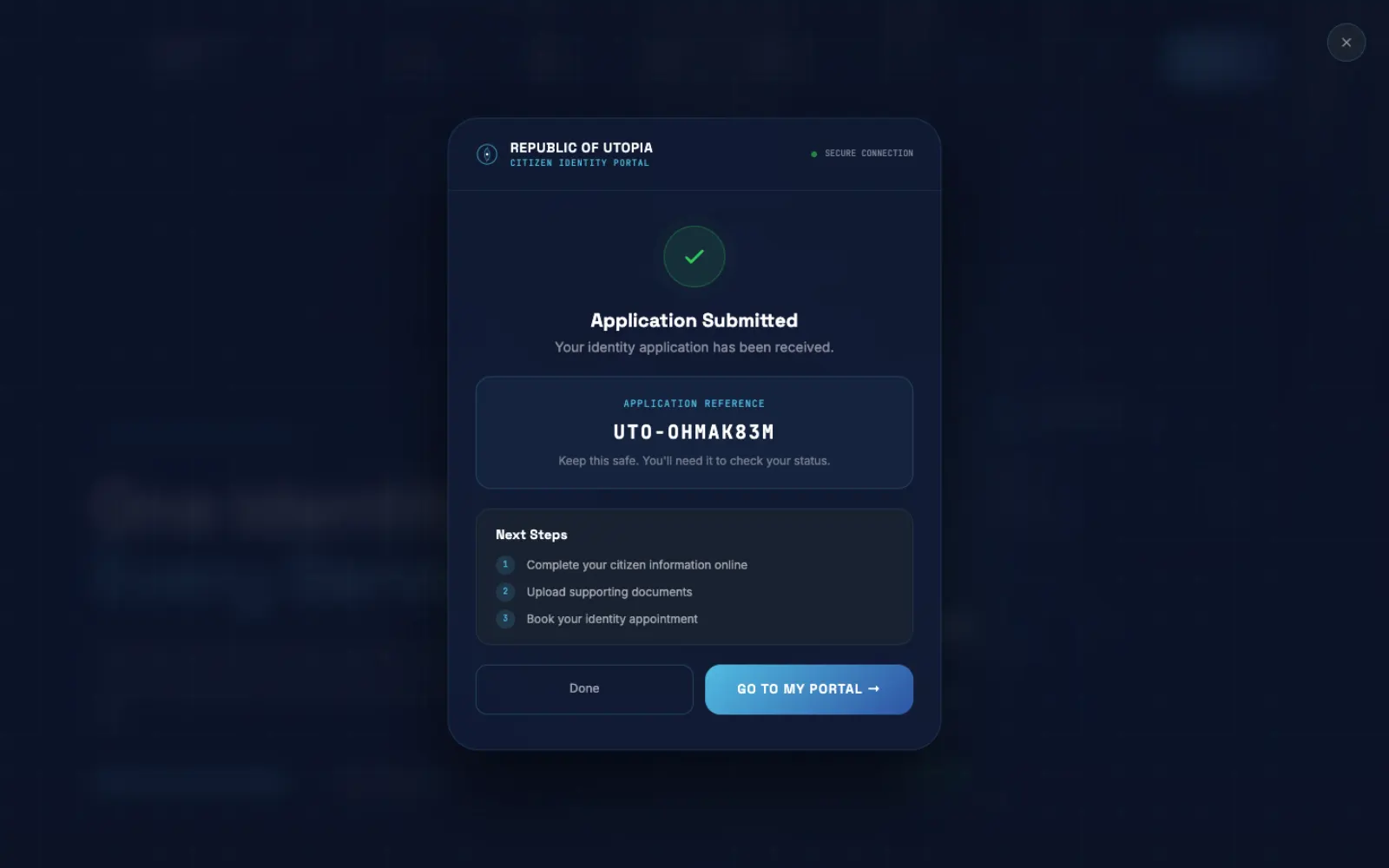 Citizen Portal application submitted confirmation with reference number and next steps