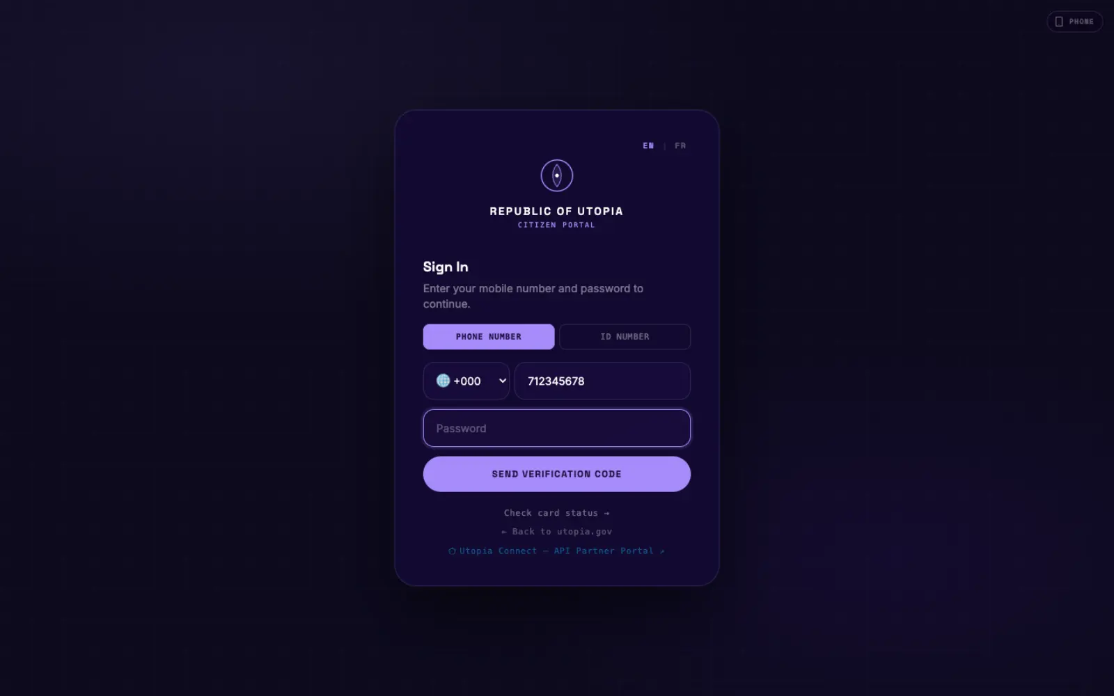 Citizen Portal sign-in screen for returning applicant access