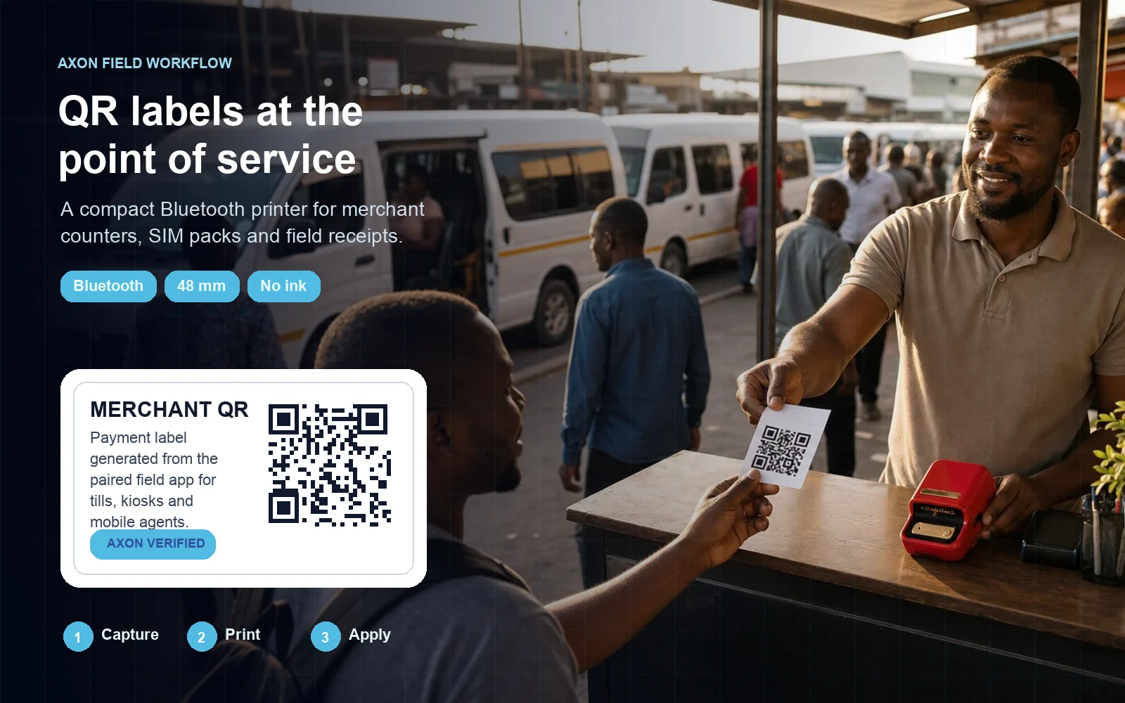 NIIMBOT B21 merchant QR label workflow at a field service counter