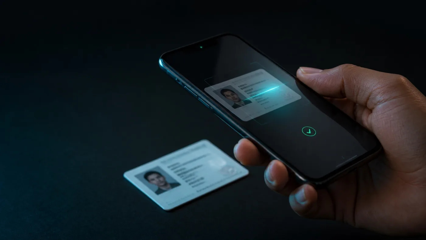 A phone scanning an identity document, with the capture verified by an on-screen checkmark
