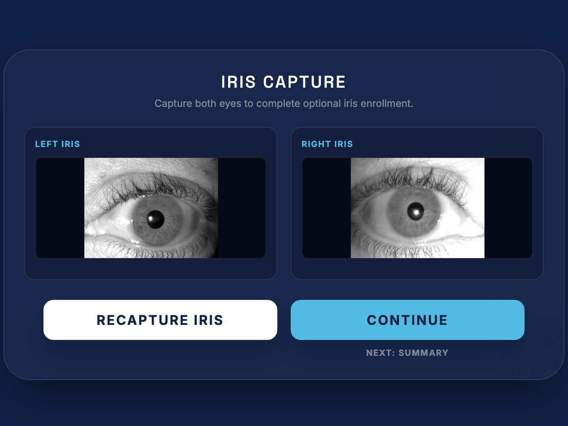 Operator workflow showing left and right iris images captured before continuing enrolment