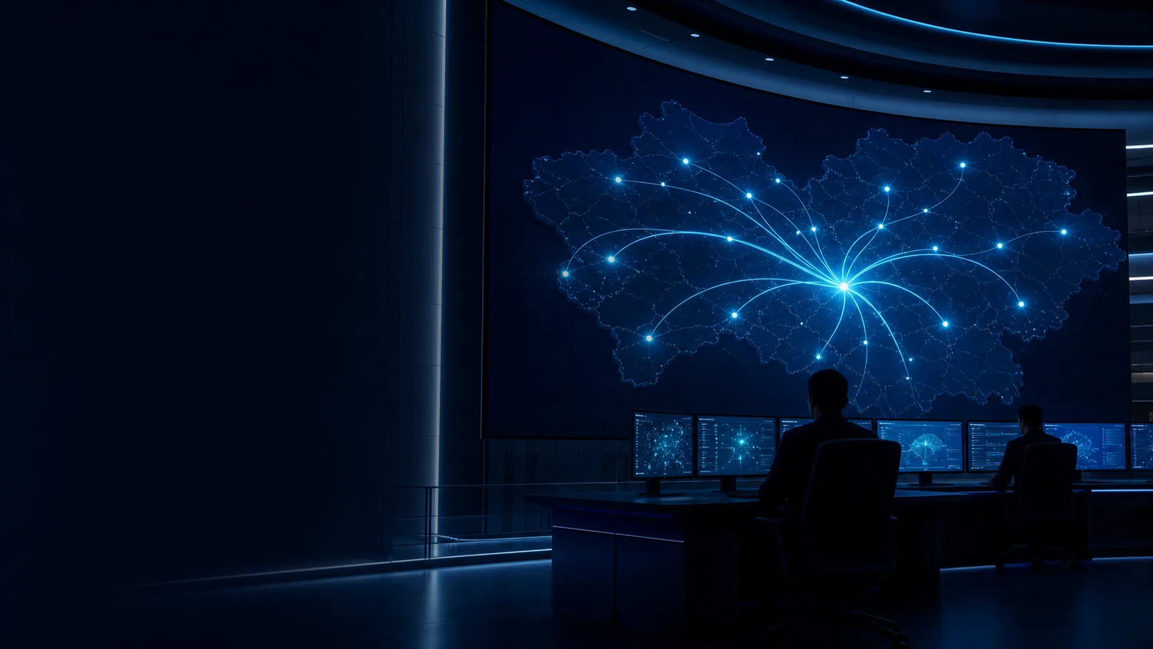 National SIM Registry command centre with a secure network map showing multiple data paths converging on a central registry