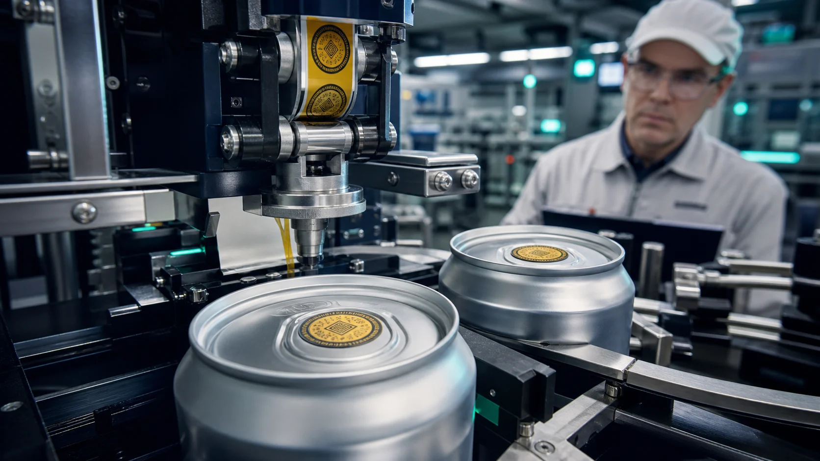 Stamps being applied to containers on a high-speed production line