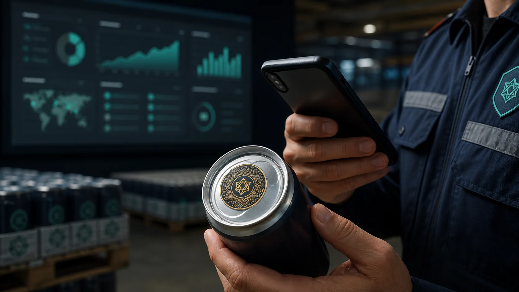 Inspector scanning a stamped can with a mobile device, traceability dashboard behind