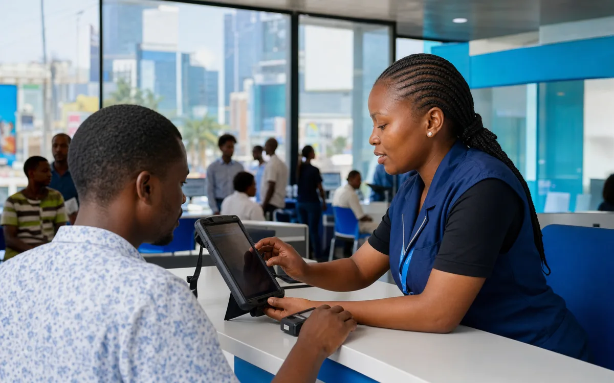 Registration agent assisting a subscriber with a rugged biometric tablet