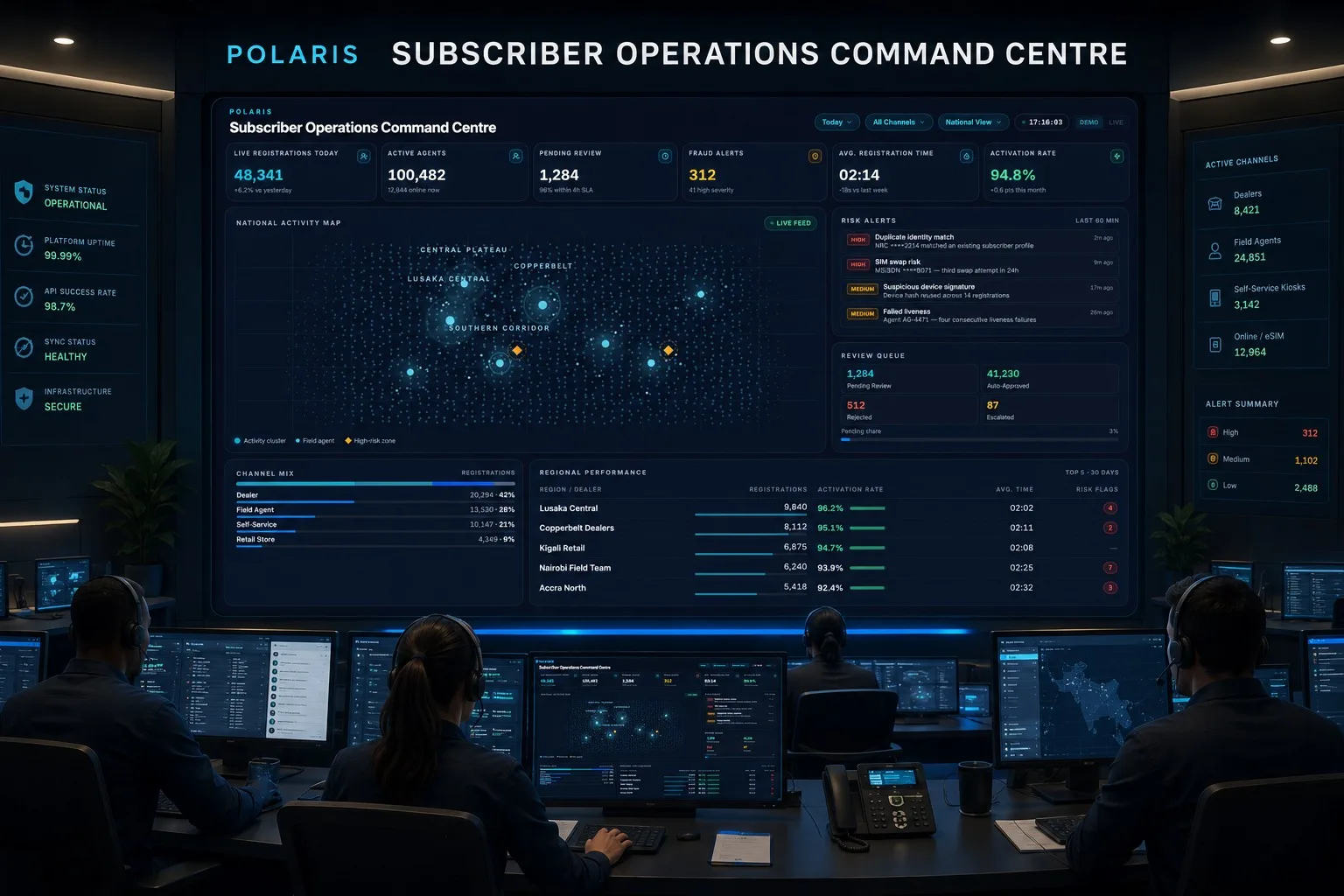 Operations command centre monitoring registrations and fraud signals