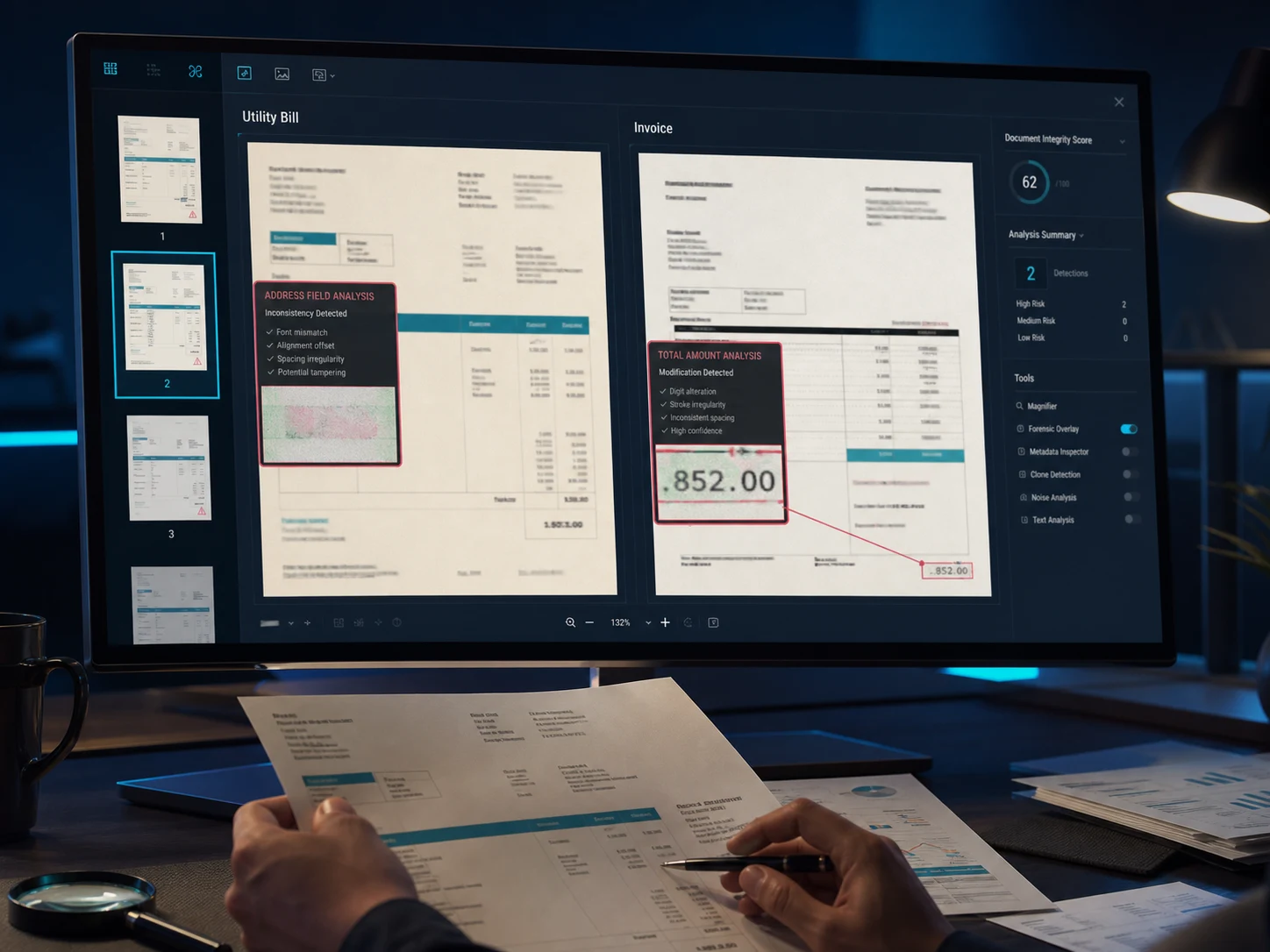 Illustrative RealDoc workspace inspecting a utility bill and invoice for altered fields