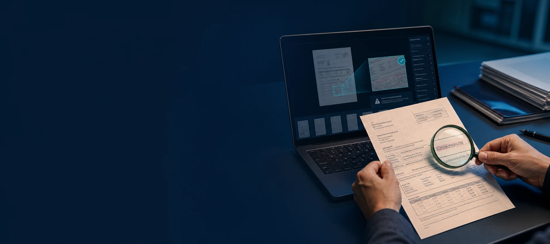 Document analyst reviewing a submitted invoice for signs of alteration