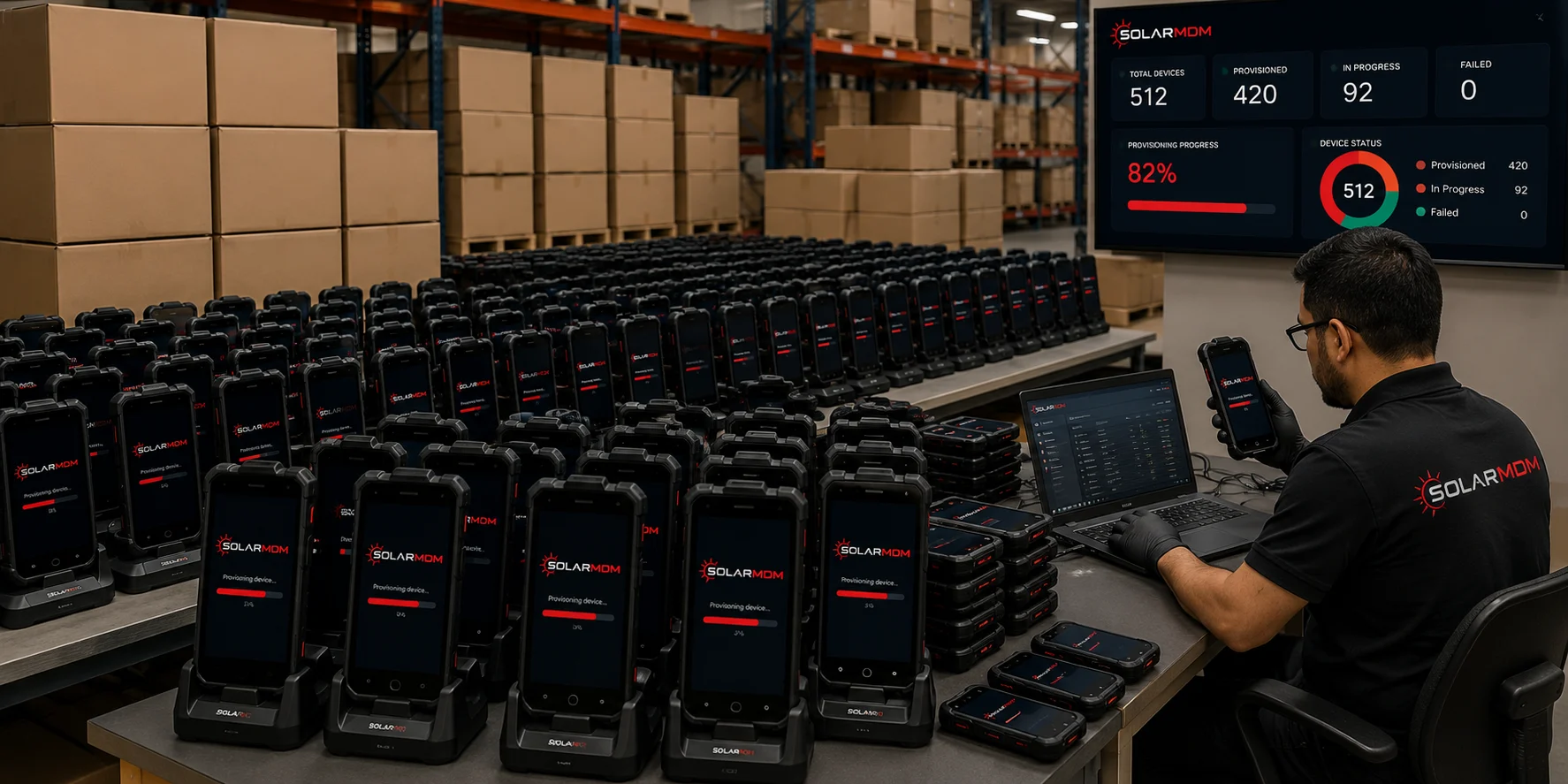 Warehouse of pre-provisioned rugged Android devices ready for shipping