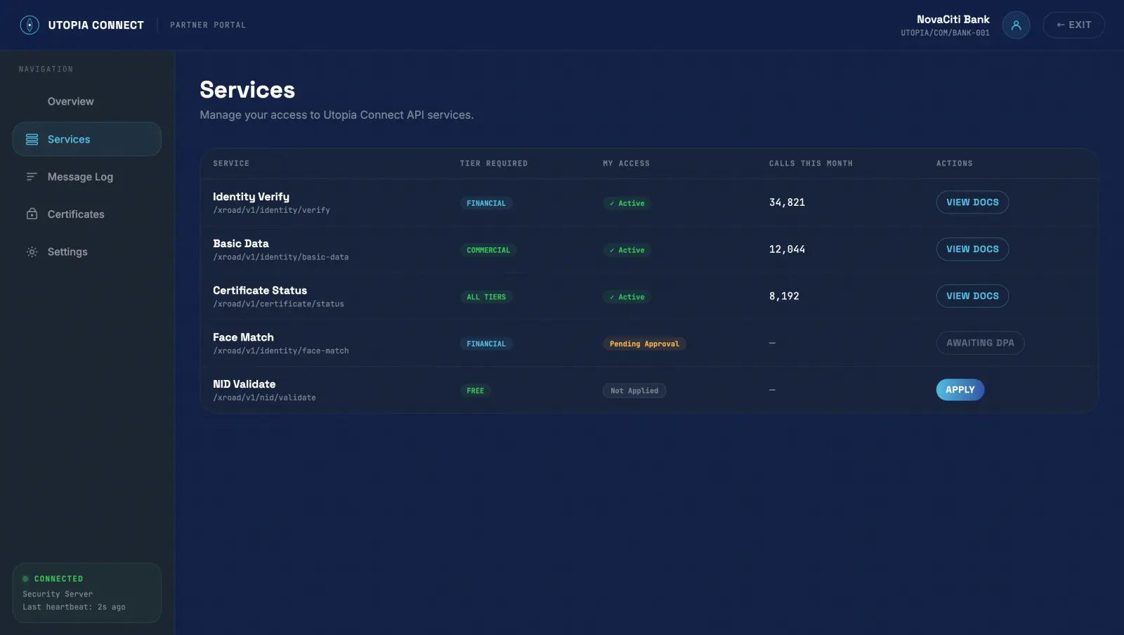 X-Bridge partner portal listing service access, volume and pending approvals